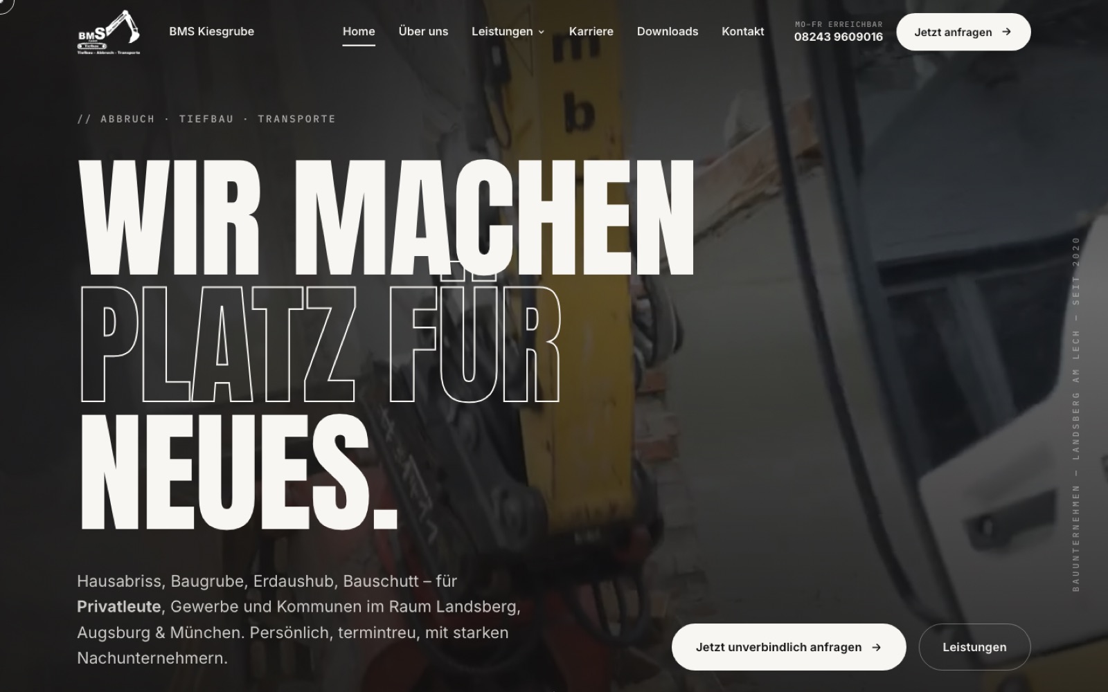 Startseite der Website, die wir für BMS Tiefbau gebaut haben